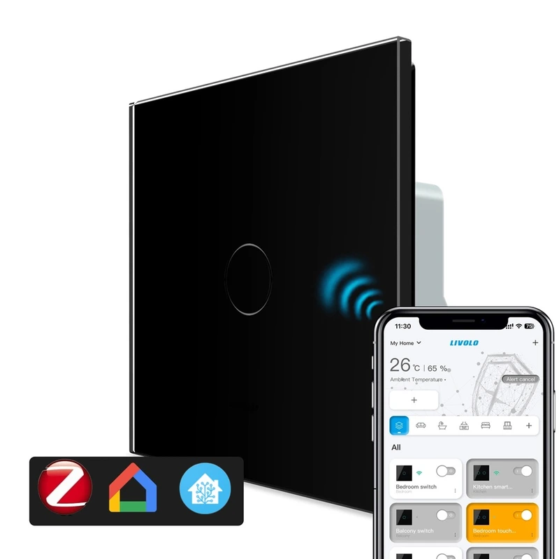Розумний сенсорний прохідний/перехресний ZigBee вимикач 1 сенсор Livolo чорний скло (VL-C7FC1SZ-2BP)