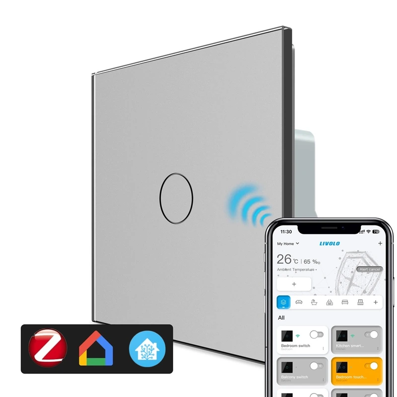 Розумний сенсорний прохідний/перехресний ZigBee вимикач 1 сенсор Livolo сірий скло (VL-C7FC1SZ-2IP) — Livolo