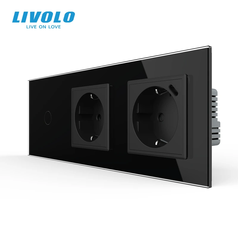 Розумний сенсорний вимикач із розеткою та розеткою USB Type-C 18 Вт, із заземленням LIVOLO чорний скло