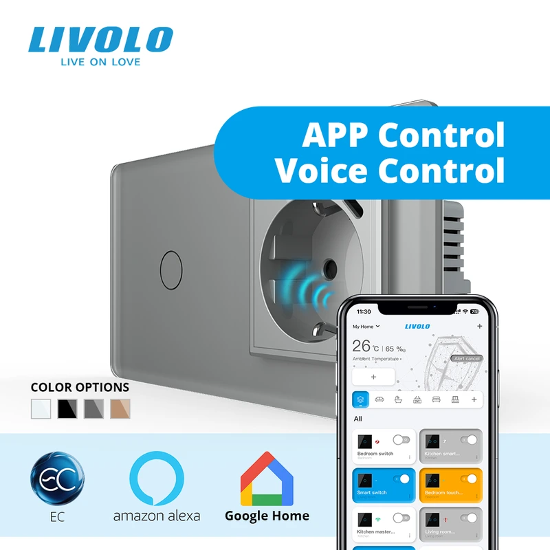 Розумний сенсорний вимикач LIVOLO з розеткою та USB Type-C 18Вт, сірий 2.5D, скло, дотиковий, із заземленням,