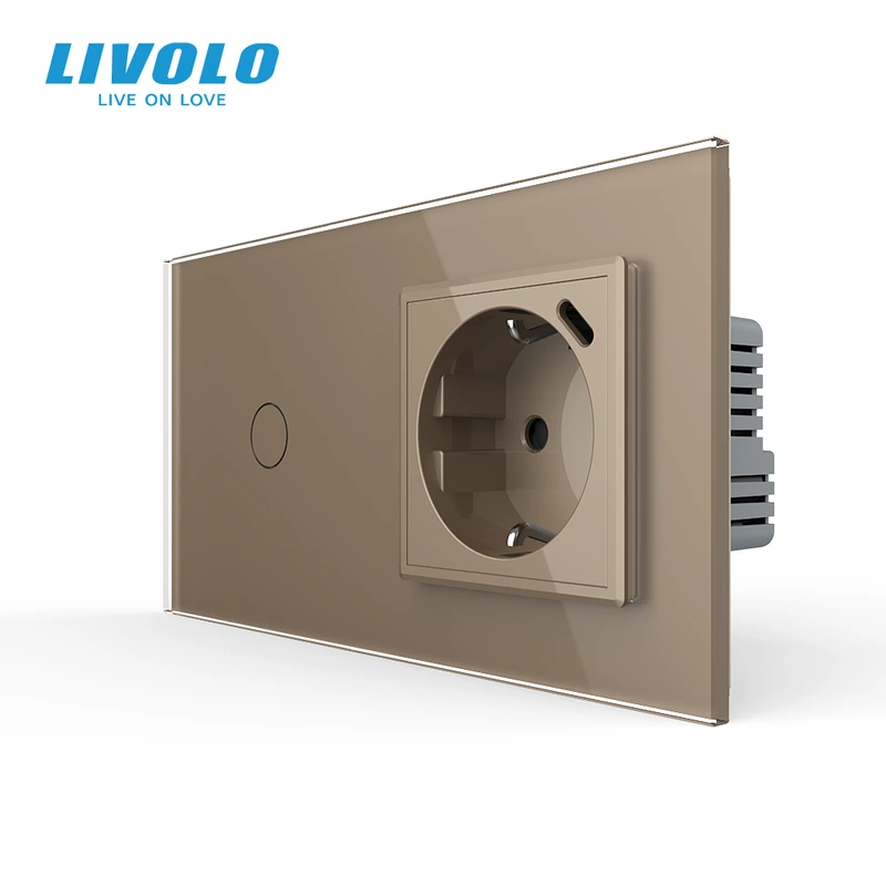 Розумний сенсорний вимикач LIVOLO з розеткою та USB Type-C 18Вт, золотий, скло, дотиковий, із заземленням, — Livolo