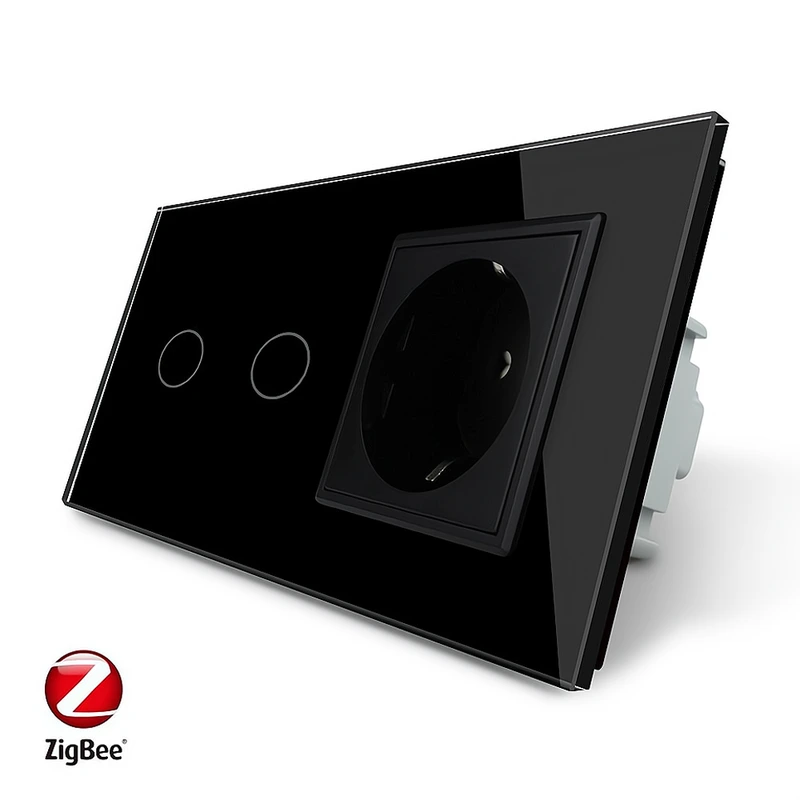 Розумний сенсорний ZigBee вимикач 2 сенсора 1 розетка Livolo чорний скло (VL-C702Z/C7C1EU-12) — Livolo