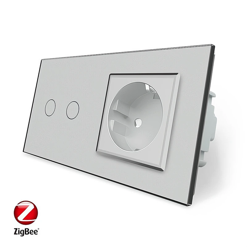 Розумний сенсорний ZigBee вимикач 2 сенсора 1 розетка Livolo сірий скло (VL-C702Z/C7C1EU-15) — Livolo