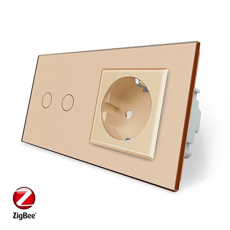 Розумний сенсорний ZigBee вимикач 2 сенсора 1 розетка Livolo золото скло (VL-C702Z/C7C1EU-13) — Livolo