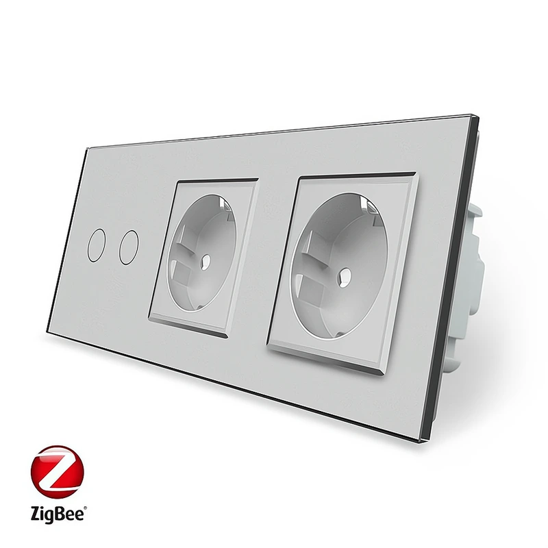 Розумний сенсорний ZigBee вимикач 2 сенсора 2 розетки Livolo сірий скло (VL-C702Z/C7C2EU-15) — Livolo