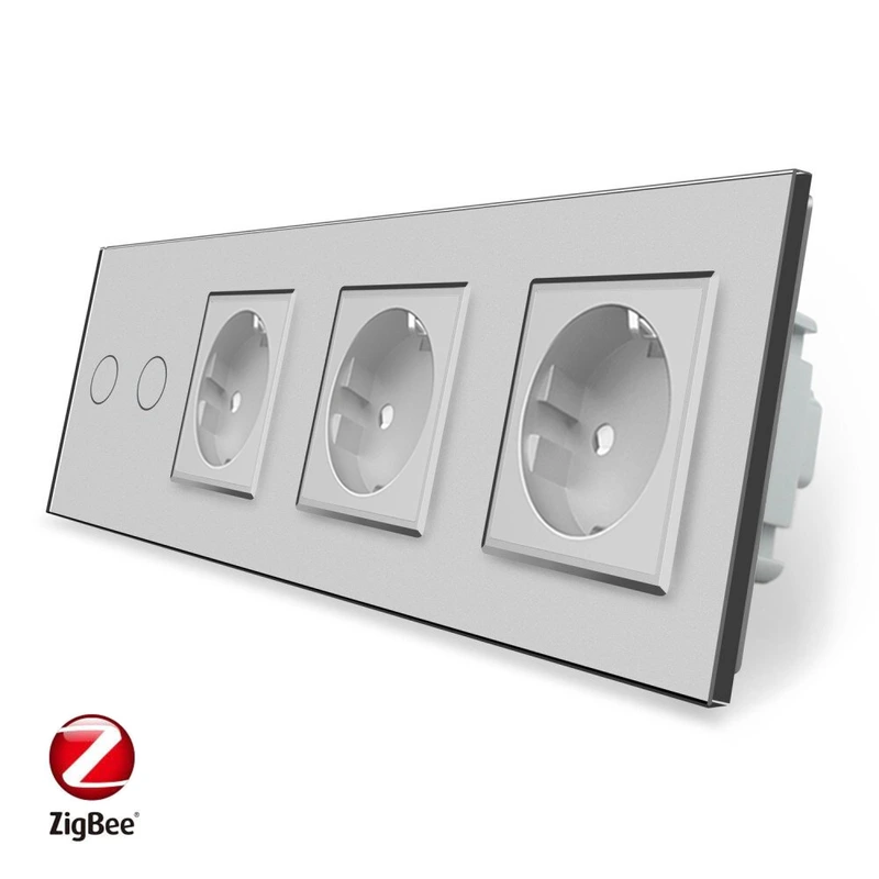 Розумний сенсорний ZigBee вимикач 2 сенсора 3 розетки Livolo сірий скло (VL-C702Z/C7C3EU-15) — Livolo