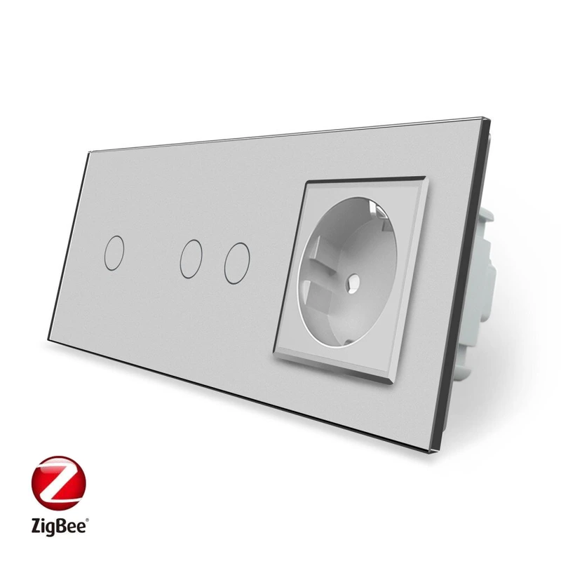 Розумний сенсорний ZigBee вимикач 3 сенсора (1-2) 1 розетка Livolo сірий скло (VL-C701Z/C702Z/C7C1EU-15) — Livolo