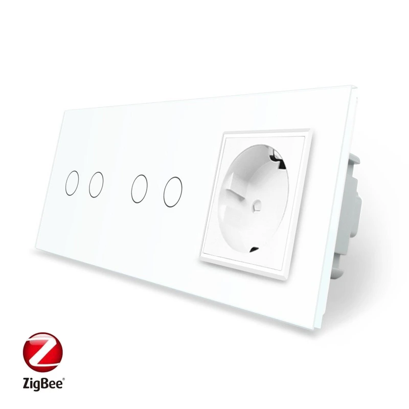 Розумний сенсорний ZigBee вимикач 4 сенсора (2-2) 1 розетка Livolo білий скло (VL-C702Z/C702Z/C7C1EU-11) — Livolo