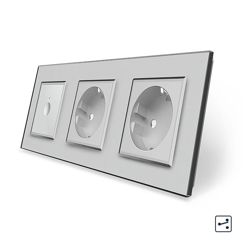 Сенсорний прохідний/перехресний вимикач Sense 1 сенсор 2 розетки Livolo сірий скло (VL-C7FC1S/FCTC16A/FCTC16A-6IP)