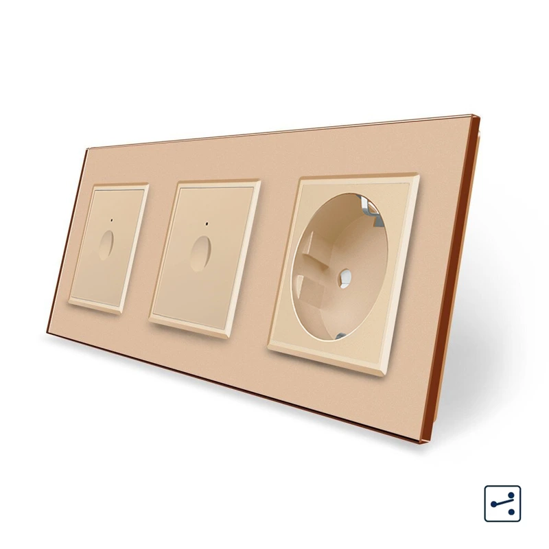 Сенсорний прохідний/перехресний вимикач Sense 2 сенсора (1-1) 1 розетка Livolo золотий скло (VL-C7FC1S/FC1S/FCTC16A-6AP)