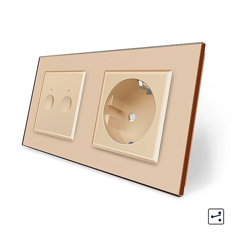 Сенсорний прохідний/перехресний вимикач Sense 2 сенсора 1 розетка Livolo золотий скло (VL-C7FC2S/FCTC16A-4AP)