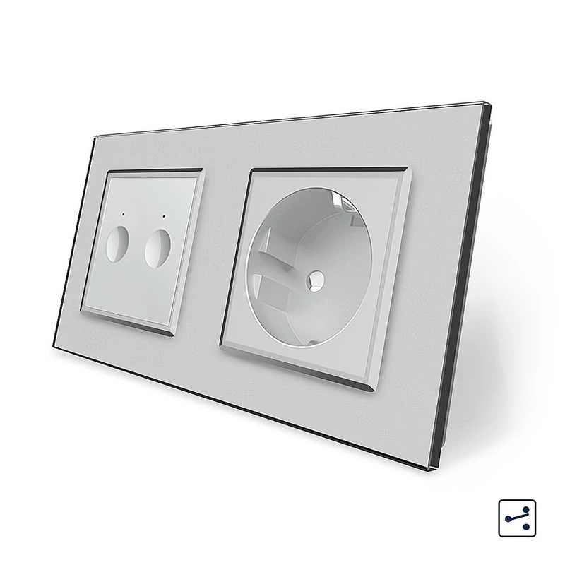 Сенсорний прохідний/перехресний вимикач Sense 2 сенсора 1 розетка Livolo сірий скло (VL-C7FC2S/FCTC16A-4IP) (VL-C7FC2IPS/FCTC16A-4IP) — Livolo