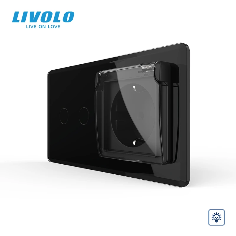 Сенсорний димер LIVOLO 2 сенсори з розеткою IP44 чорний 2.5D, 16A 230V із заземленням, шторки
