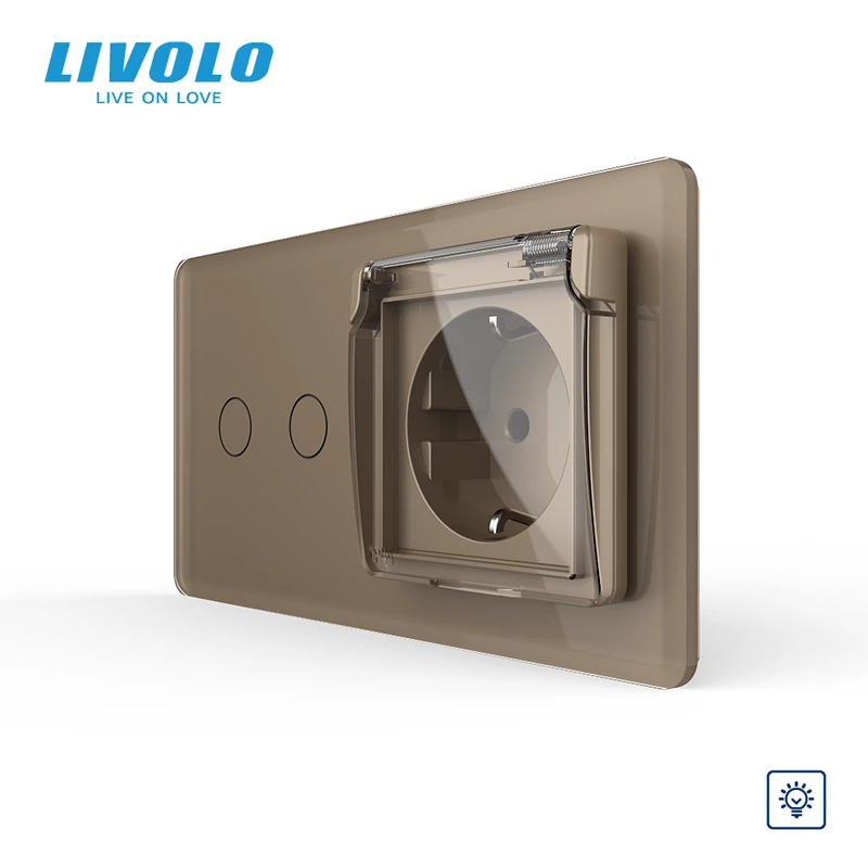 Сенсорний димер LIVOLO 2 сенсори з розеткою IP44 золотий 2.5D, 16A 230V із заземленням, шторки