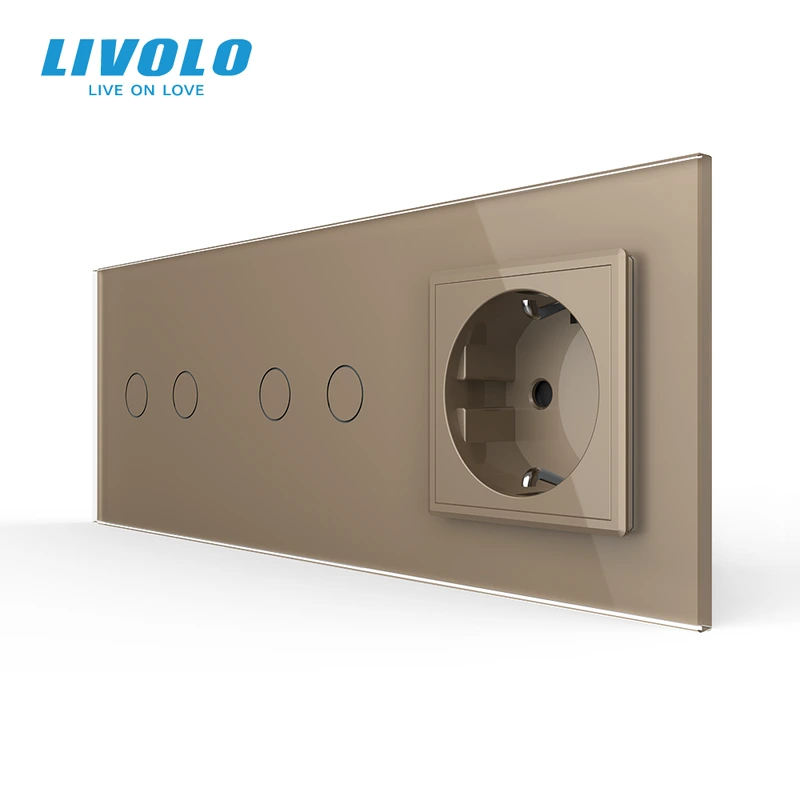 Сенсорний димер LIVOLO 4 сенсори (2-2) з розеткою, золотий, скло, 16A 230V, із заземленням, захисні шторки — Livolo