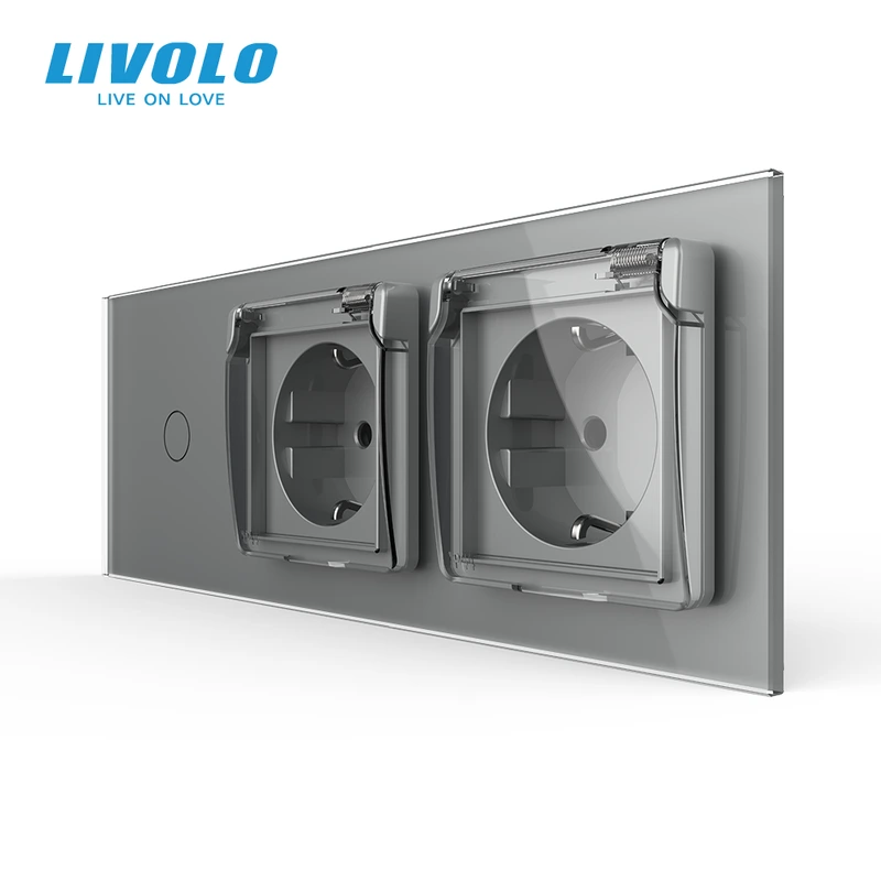 Сенсорний димер LIVOLO з двома розетками IP44, сірий, скло, 16A 230V, із заземленням, шторки
