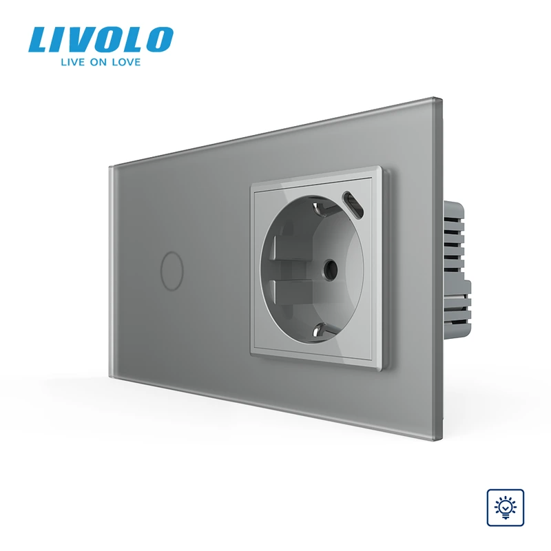 Сенсорний димер з розеткою USB Type-C 18Вт LIVOLO 16А 230В, із заземленням, шторки, сірий матовый, скло — Livolo