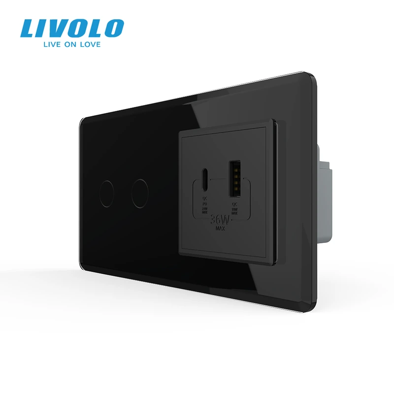 Сенсорний (дотиковий) подвійний вимикач LIVOLO з розеткою USB-A + USB-C 36Вт чорний 2.5D скло