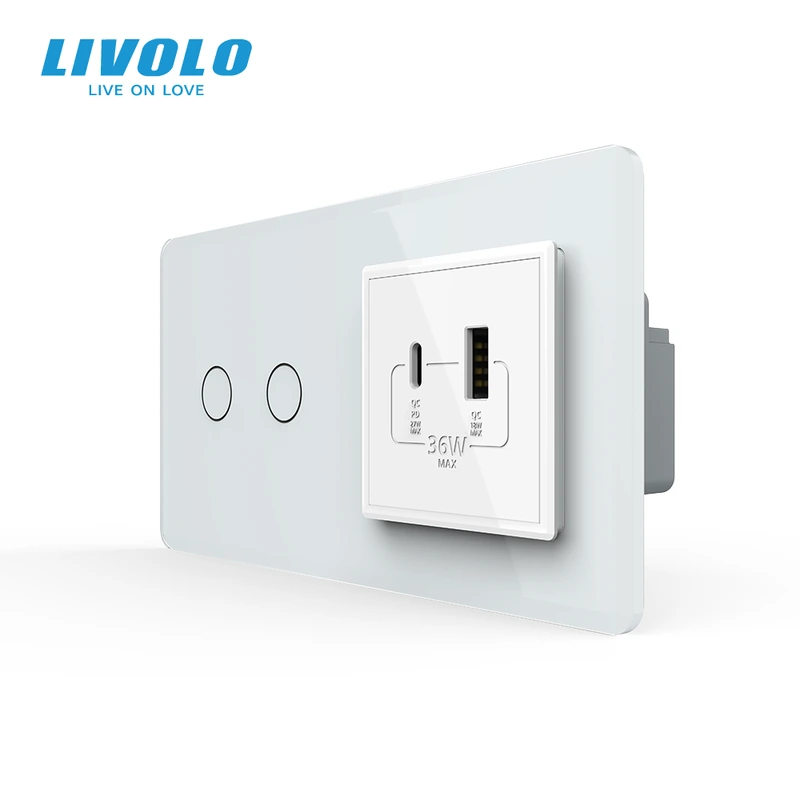 Сенсорний (дотиковий) подвійний вимикач LIVOLO з розеткою USB-A + USB-C 36Вт білий 2.5D скло