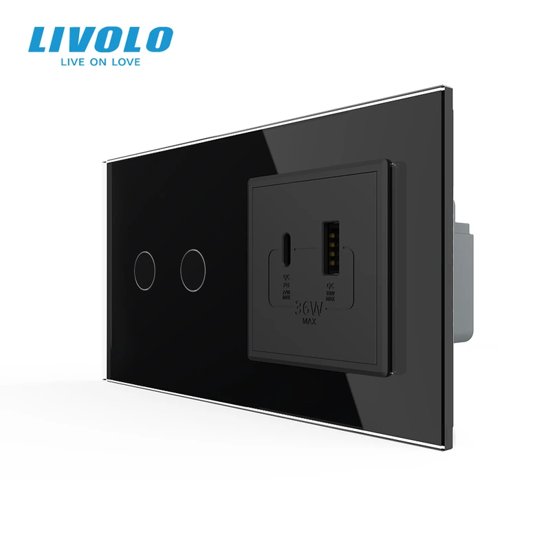 Сенсорний (дотиковий) подвійний вимикач LIVOLO з розеткою USB-A + USB-C 36Вт чорний скло — Livolo