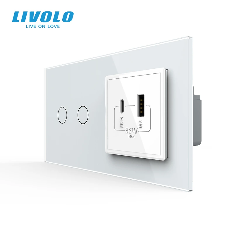 Сенсорний (дотиковий) подвійний вимикач LIVOLO з розеткою USB-A + USB-C 36Вт білий скло — Livolo