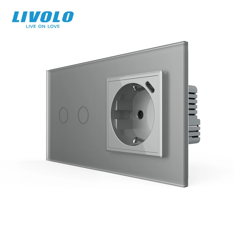 Сенсорний (дотиковий) подвійний вимикач LIVOLO з USB Type-C 18 Вт сірий матовый 16 А 230 В із заземленням шторки скло — Livolo