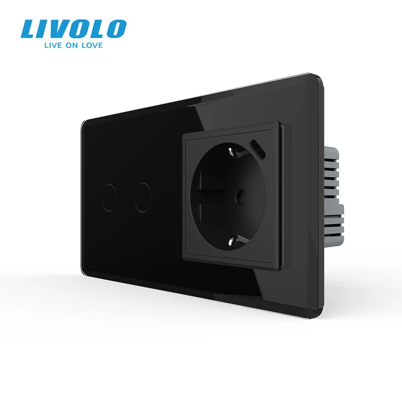Сенсорний (дотиковий) подвійний вимикач LIVOLO з USB Type-C 18 Вт чорний 2.5D 16 А 230 В із заземленням шторки скло