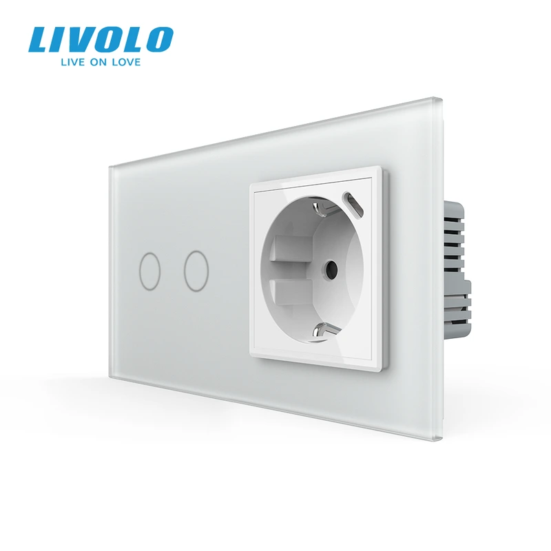 Сенсорний (дотиковий) подвійний вимикач LIVOLO з USB Type-C 18 Вт білий матовый 16 А 230 В із заземленням шторки скло — Livolo