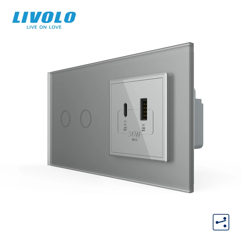 Сенсорний (дотиковий) прохідний подвійний вимикач LIVOLO з розеткою USB-A + USB-C 36 Вт сірий матовый скляна рамка
