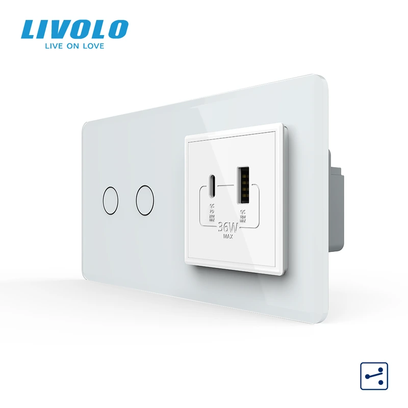 Сенсорний (дотиковий) прохідний подвійний вимикач LIVOLO з розеткою USB-A + USB-C 36 Вт білий 2.5D скляна рамка