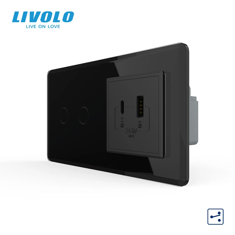 Сенсорний (дотиковий) прохідний подвійний вимикач LIVOLO з розеткою USB-A + USB-C 36 Вт чорний 2.5D скляна рамка