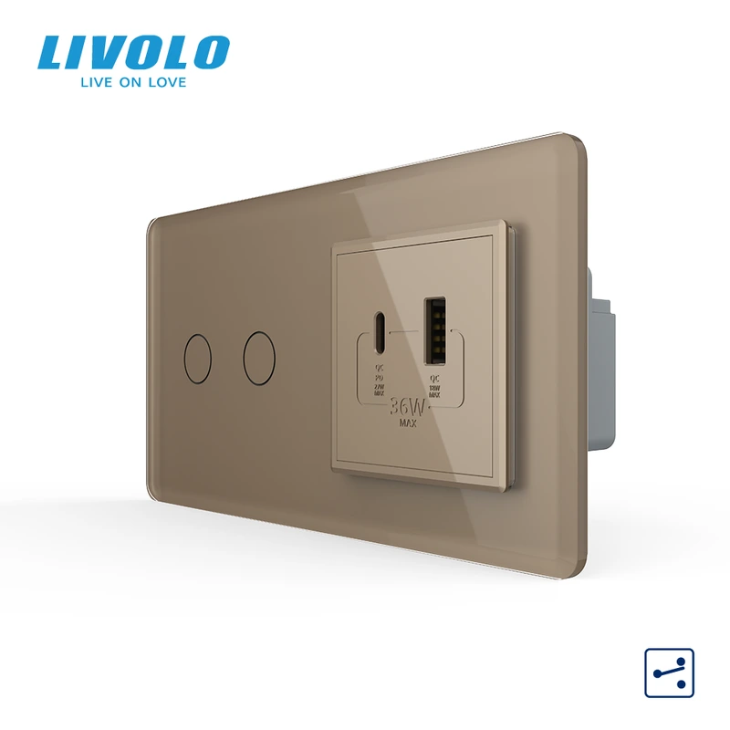 Сенсорний (дотиковий) прохідний подвійний вимикач LIVOLO з розеткою USB-A + USB-C 36 Вт золотий 2.5D скляна рамка