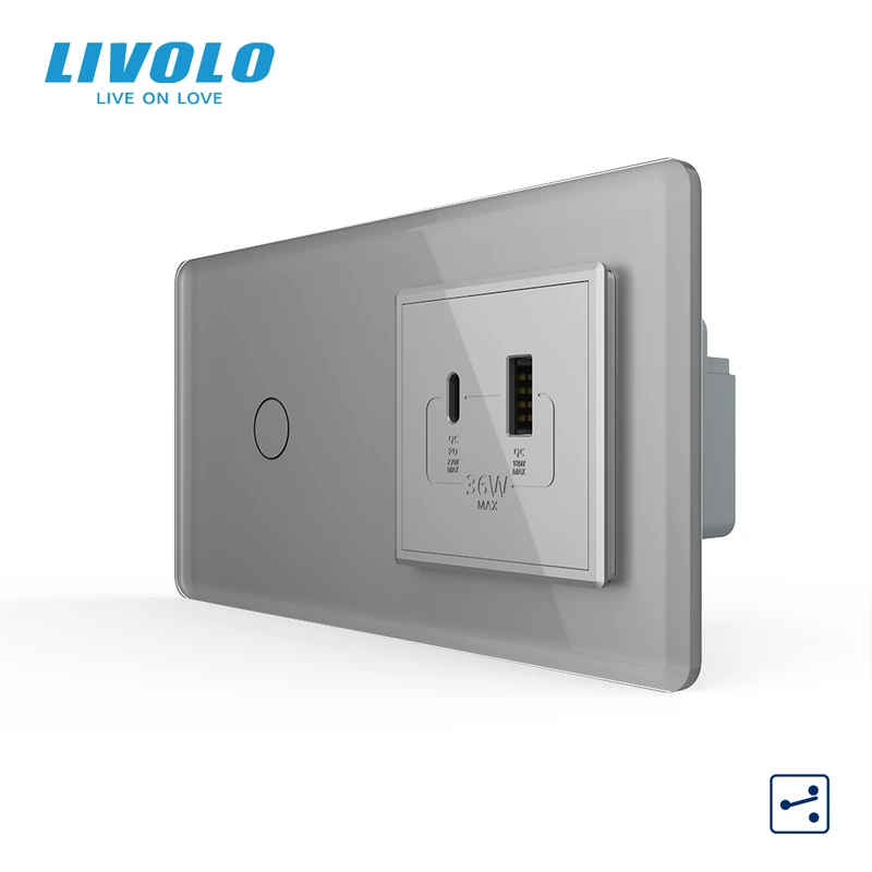 Сенсорний (дотиковий) прохідний вимикач LIVOLO з розеткою USB-A + USB-C 36Вт сірий 2.5D скляна рамка