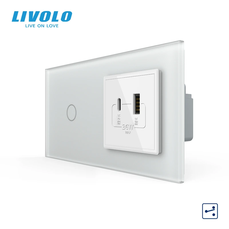 Сенсорний (дотиковий) прохідний вимикач LIVOLO з розеткою USB-A + USB-C 36Вт білий матовый скляна рамка — Livolo