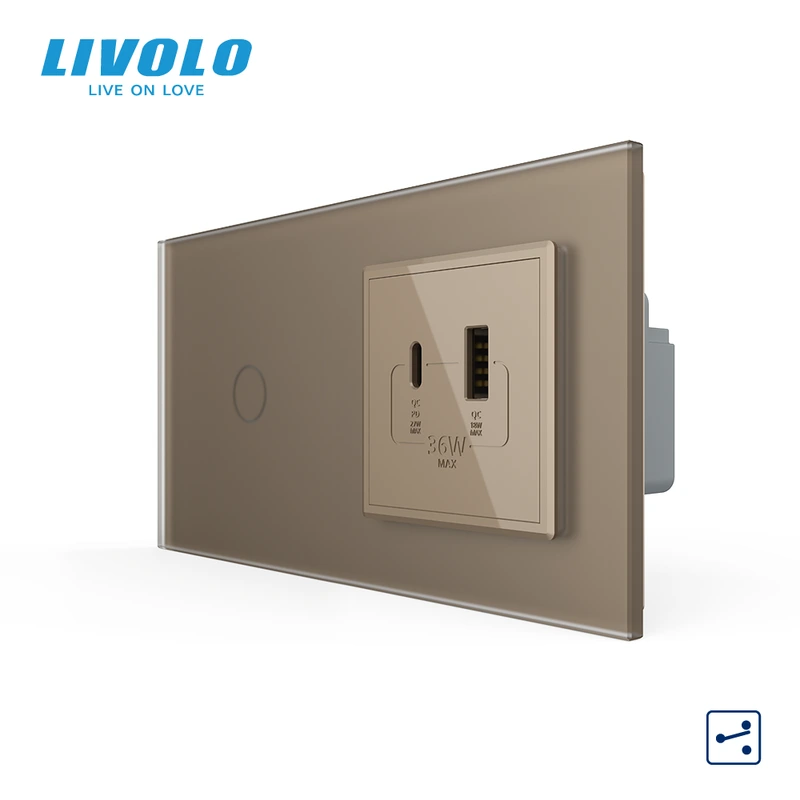 Сенсорний (дотиковий) прохідний вимикач LIVOLO з розеткою USB-A + USB-C 36Вт золотий матовый скляна рамка — Livolo