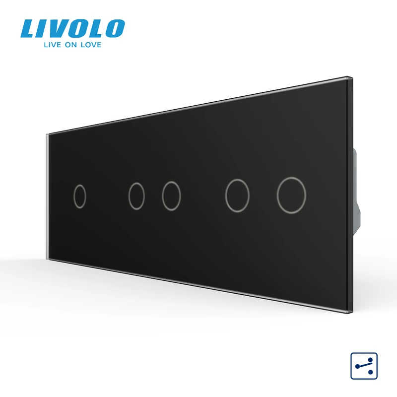 Сенсорний (дотиковий) прохідний/перехресний вимикач LIVOLO 5 сенсорів (1-2-2) чорний матовый скло — Livolo