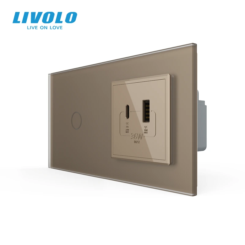 Сенсорний (дотиковий) вимикач LIVOLO з розеткою USB-A + USB-C 36Вт золотий матовый скляна рамка — Livolo