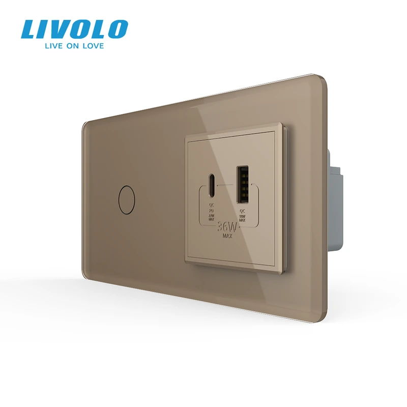 Сенсорний (дотиковий) вимикач LIVOLO з розеткою USB-A + USB-C 36Вт золотий 2.5D скляна рамка