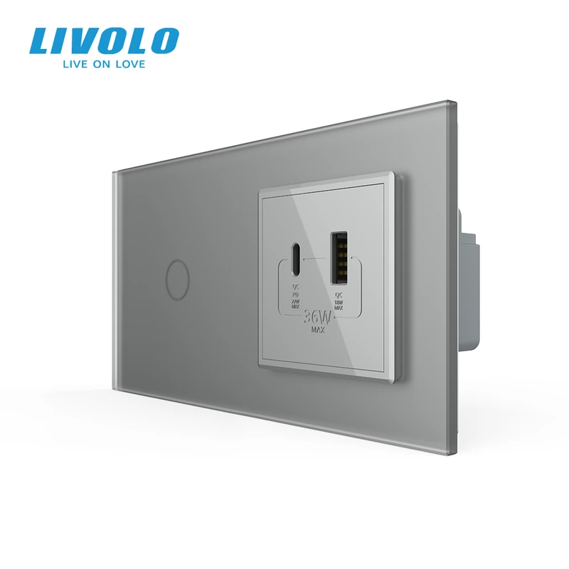 Сенсорний (дотиковий) вимикач LIVOLO з розеткою USB-A + USB-C 36Вт сірий матовый скляна рамка — Livolo