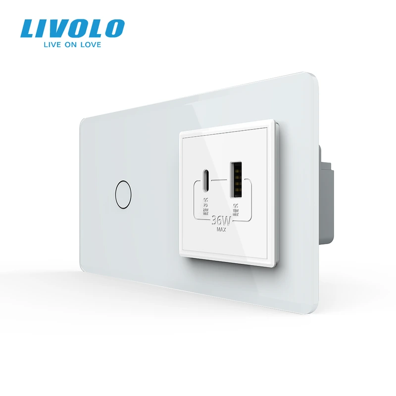 Сенсорний (дотиковий) вимикач LIVOLO з розеткою USB-A + USB-C 36Вт білий 2.5D скляна рамка