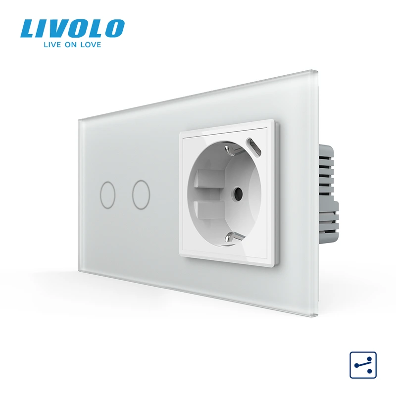 Сенсорний подвійний прохідний вимикач LIVOLO з розеткою та USB Type-C 18Вт, білий матовый, скло, із заземленням