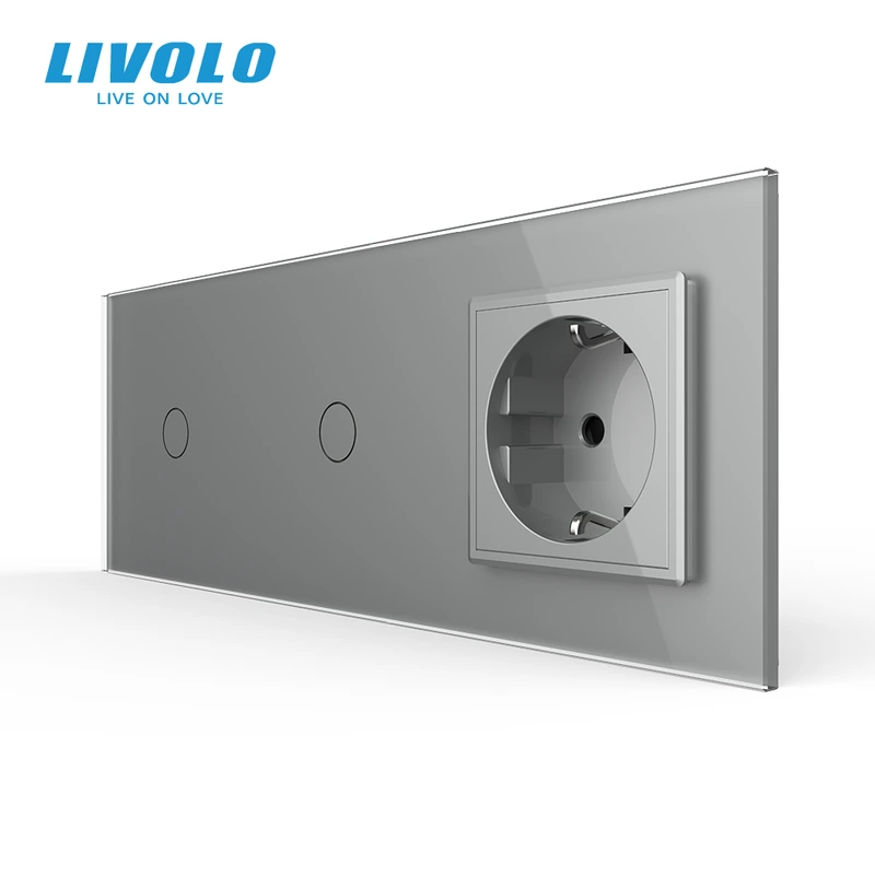 Сенсорний прохідний димер LIVOLO 2 сенсори (1-1) з розеткою, сірий скло, 16A 230V, заземлення, захисні шторки