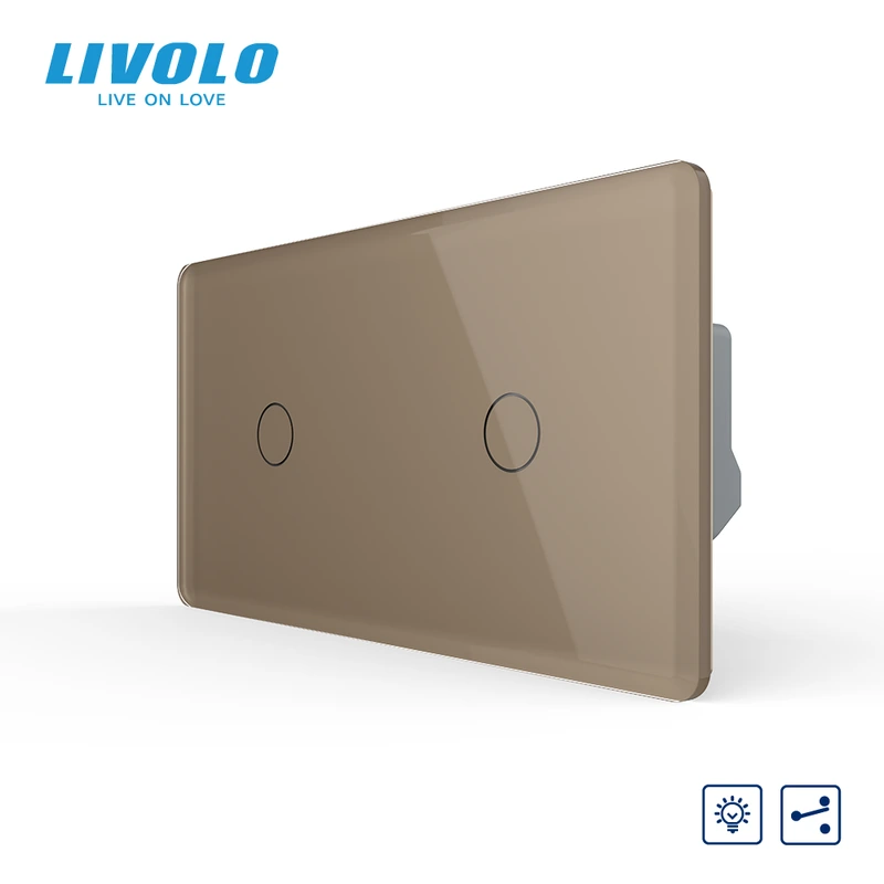 Сенсорний прохідний димер LIVOLO, 2 сенсори (1-1), золотий 2.5D, скло