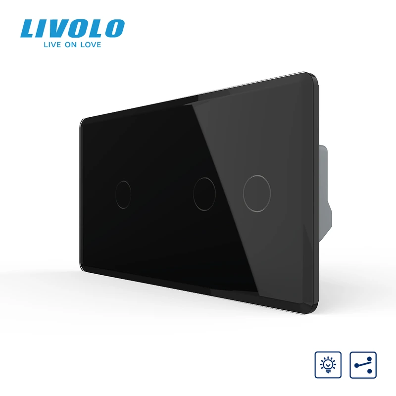 Сенсорний прохідний димер LIVOLO, 3 сенсори (1-2), чорний 2.5D, скло
