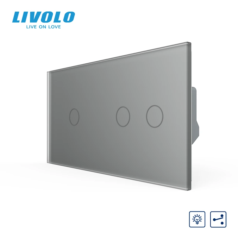 Сенсорний прохідний димер LIVOLO, 3 сенсори (1-2), сірий матовый, скло — Livolo