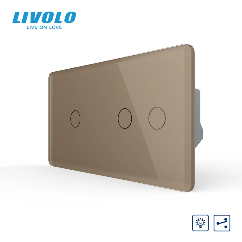 Сенсорний прохідний димер LIVOLO, 3 сенсори (1-2), золотий 2.5D, скло