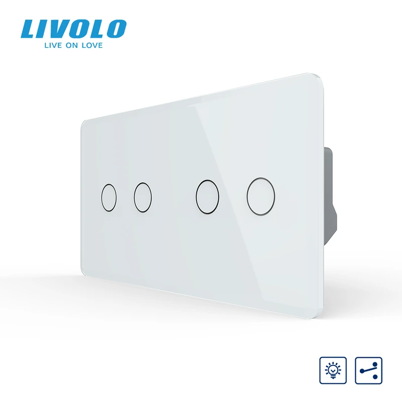 Сенсорний прохідний димер LIVOLO, 4 сенсори (2-2), білий 2.5D, скло