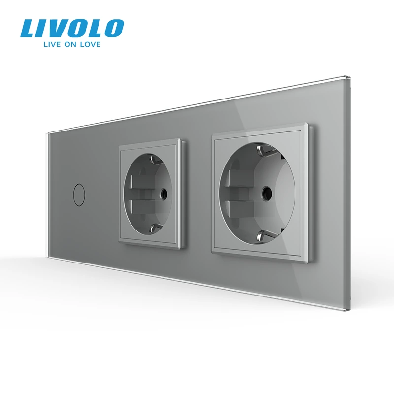 Сенсорний прохідний димер LIVOLO з 2 розетками, сірий, скло, 2A 230V