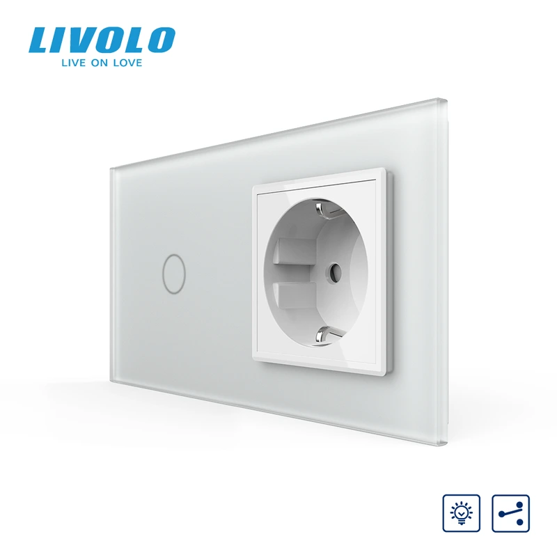 Сенсорний прохідний димер з розеткою LIVOLO 16А 230В із заземленням, шторки, білий матовый, скло