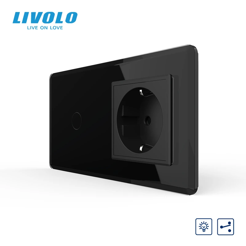 Сенсорний прохідний димер з розеткою LIVOLO 16А 230В із заземленням, шторки, чорний 2.5D, скло